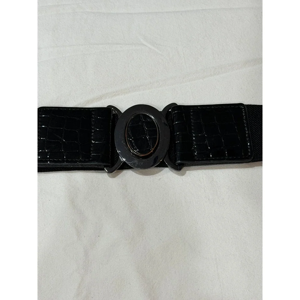 Nine West Black Elastic Waist‎ Belt Faux Croc Patent Leather Buckle M/L RS8038